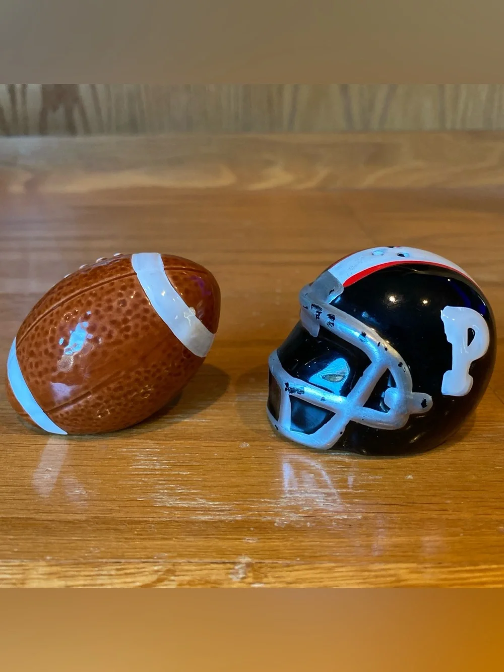 Enesco Vintage Football Ball & Helmet Salt and Pepper Shakers Ceramic